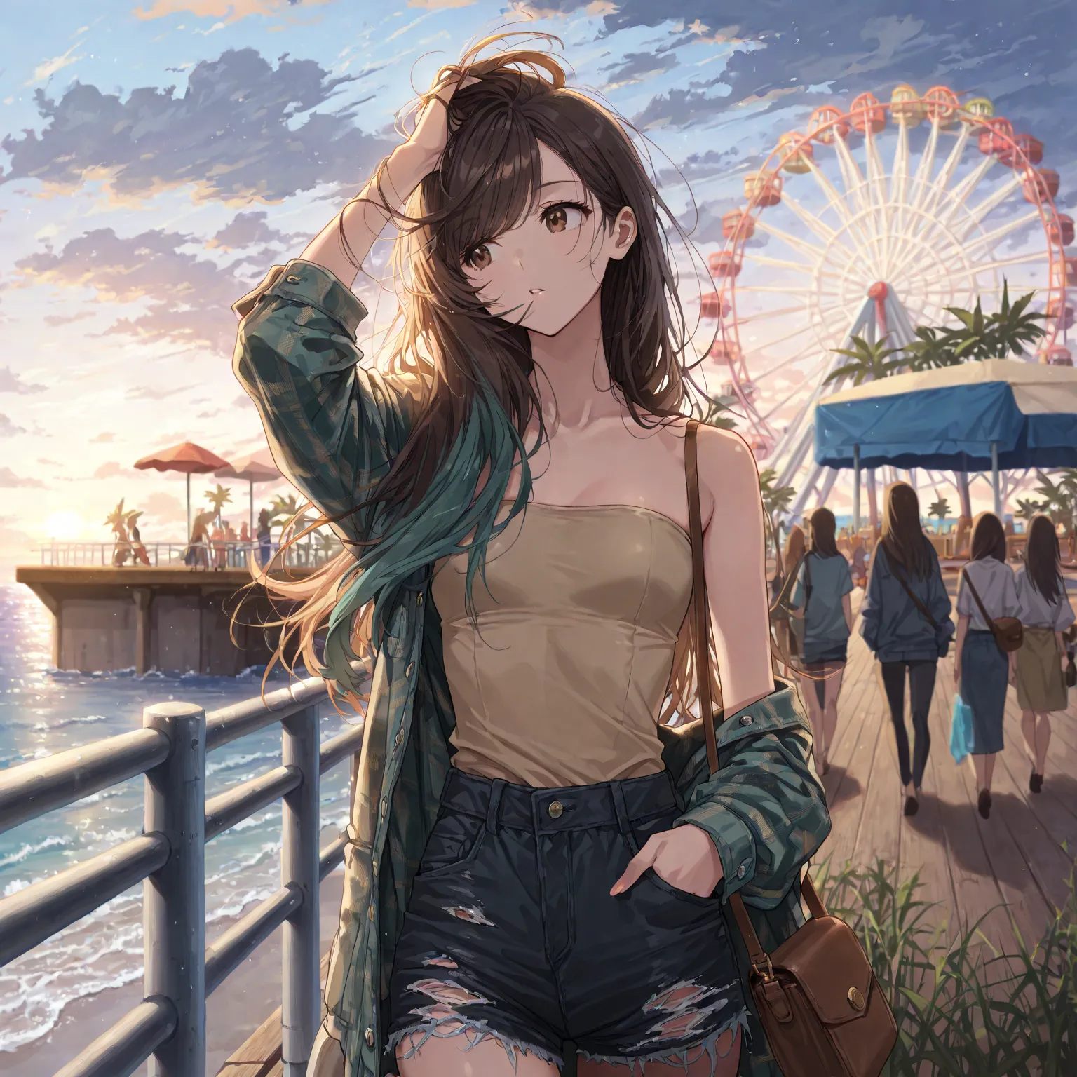  (Masterpiece, best quality), intricate details, solo, JK, looking to the side, walking, hand in hair, hair blowing in wind, dusk, brown hair with teal highlights, small breasts, slightly toned, very long hair,brown eyes, beige strapless sleeveless shirt, ...