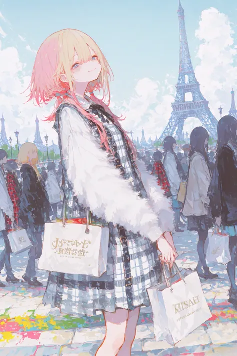 illustration, best quality, dramatic lighting,r17329_illu,usnr,Anime style,Colorful perspective,illustration,best quality,1girl,long blonde hair,pink hair tips,twin tails,plaid dress,smile,shopping bags in both hands,cheerful expression,wind-blown hair,Eif...