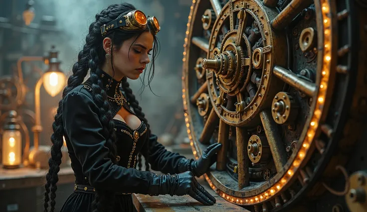 "A beautiful and mysterious steampunk inventor in a dark, industrial workshop. She has long black braided hair adorned with golden gears, wearing an elegant black velvet dress with metallic brass details. She wears protective amber-lensed goggles and leath...