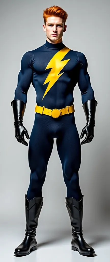 Create a slim realistic handsome hunky slender red hair hero wearing navy and yellow lightning bolt inspired textured fabric costume , with gloves and belt and boots,, front view,  create full body image with light gray background  
