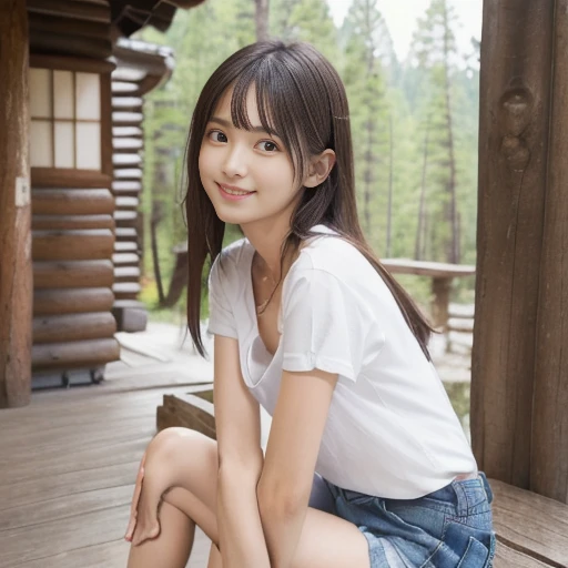 person, sitting on log cabin roof, white t-shirt, denim shorts, sitting in a crouched position, from a diagonal front view, full body, ((masterpiece)), ((best quality)), (ultra-detailed), ((beautiful eyes)), Japanese female, (slender:1.3), ((30 years old))...