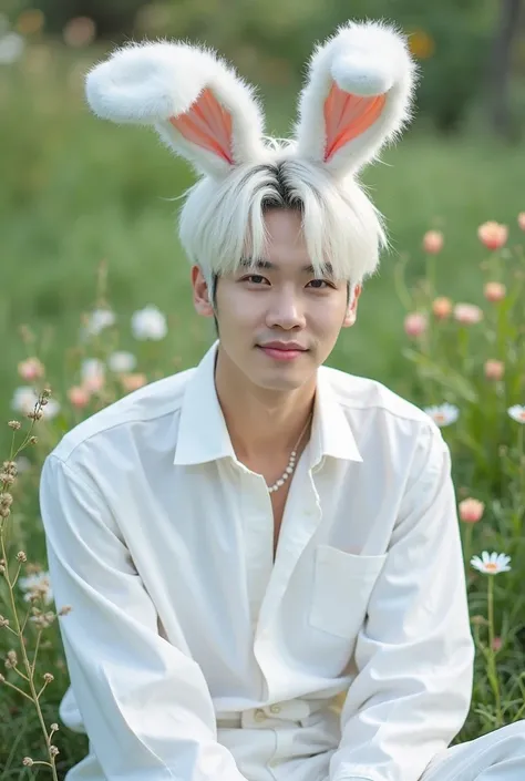 Jeon Jungkook with white hair, in a white shirt and trousers. Fluffy rabbit ears on his head, one of which is omitted. He's sitting in a lawn with lots of flowers.  looking at the camera and smiling slightly  