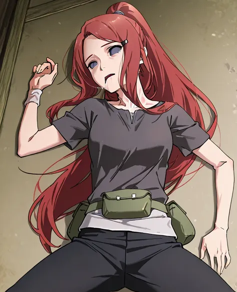      masterpiece , Latest ,      safe,        beautiful woman     ,        red hair ,     Uzumaki Kushina,     
 blue eyes ,      medieval black   shirt   ,    shirt , Hair tied up      ,       expressionless  ,empty eyes,no pupils ,open mouth,drooling,   ...