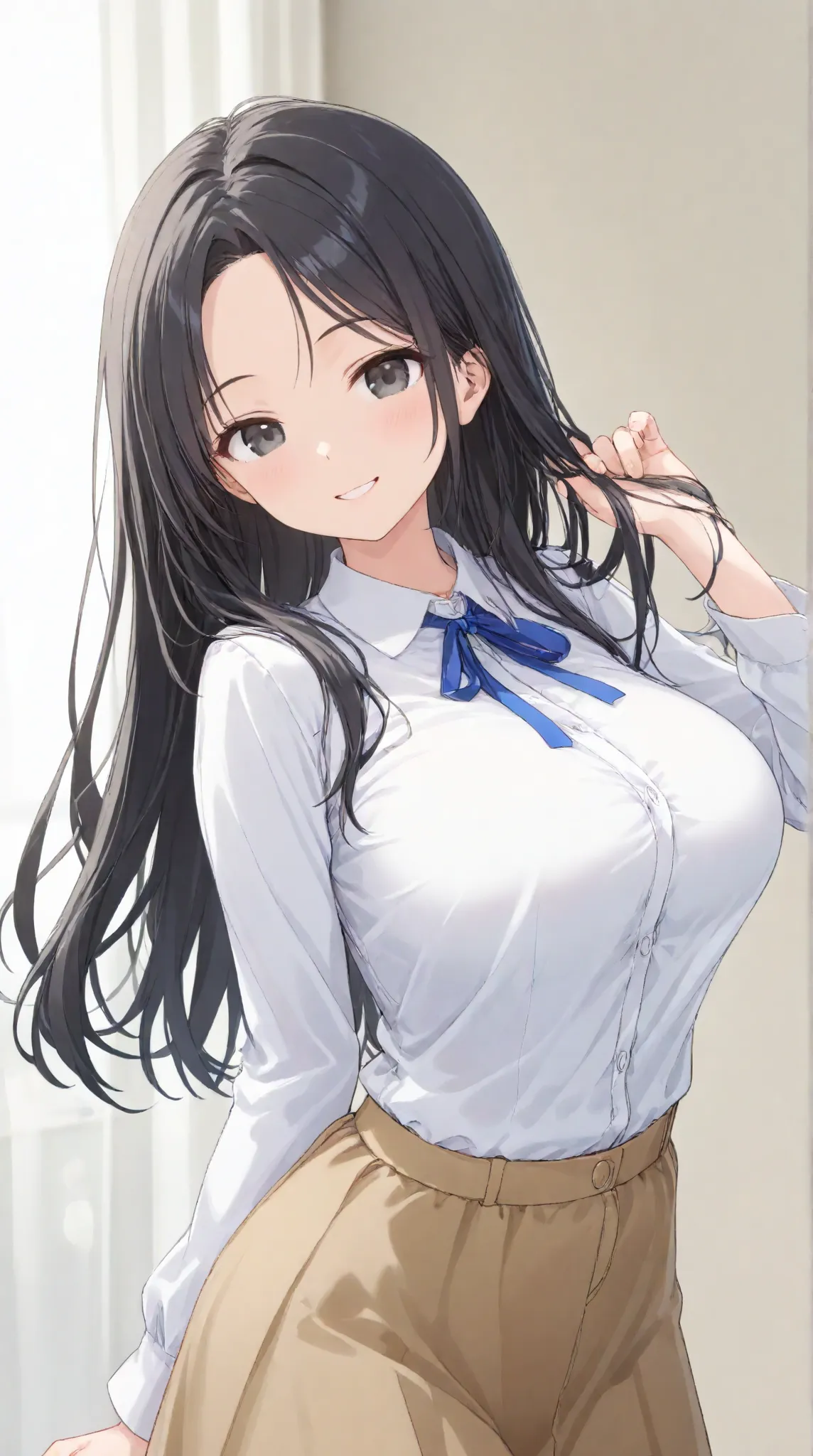 large breasts,   long hair,   (black hair) , bangs, （1girl1.5）, hair blue ribbon、（ 1.5）、dress shirt, Smile 