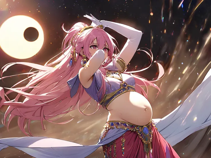 Alone ,  1girl  , jewelry   , archebase, pink hair, high ponytail, pink eyes, long hair, earring, hair between eyes, shirt, dowel pants , Annular Eclipse , dancer veil, circlet , wearing edgMes ,harem outfit , dance , pelvic curtain ,  ( Sweaty , crop top:...