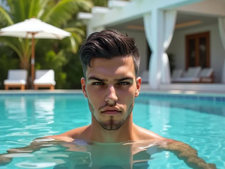 Transformed into a realistic photo, the image features a highly detailed and realistic of a handsome young man with short, dark hair and well-defined facial features, partially submerged in a luxurious swimming pool. His face is centered in the frame, with...