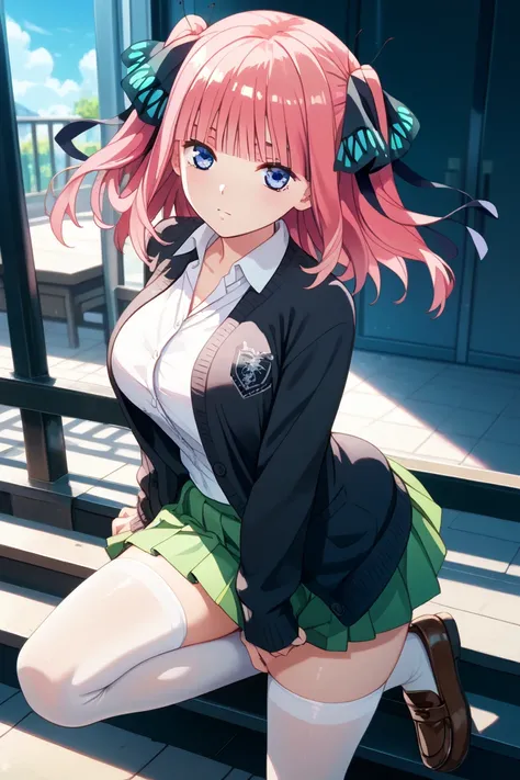  Nino Nakano( The Quintessential Quintuplets)、
medium hair,pink hair,shiny hair,hime cut,twintails,two side up,hair ribbon,black ribbon,butterfly hair ornament,blunt bangs,eyebrows hidden by hair,blue eyes
school uniform,black cardigan,open cardigan,white ...