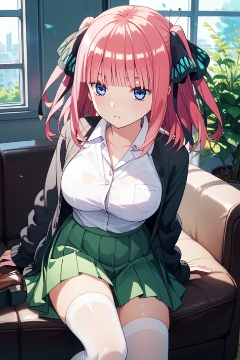  Nino Nakano( The Quintessential Quintuplets)、
medium hair,pink hair,shiny hair,hime cut,twintails,two side up,hair ribbon,black ribbon,butterfly hair ornament,blunt bangs,eyebrows hidden by hair,blue eyes
school uniform,black cardigan,open cardigan,white ...