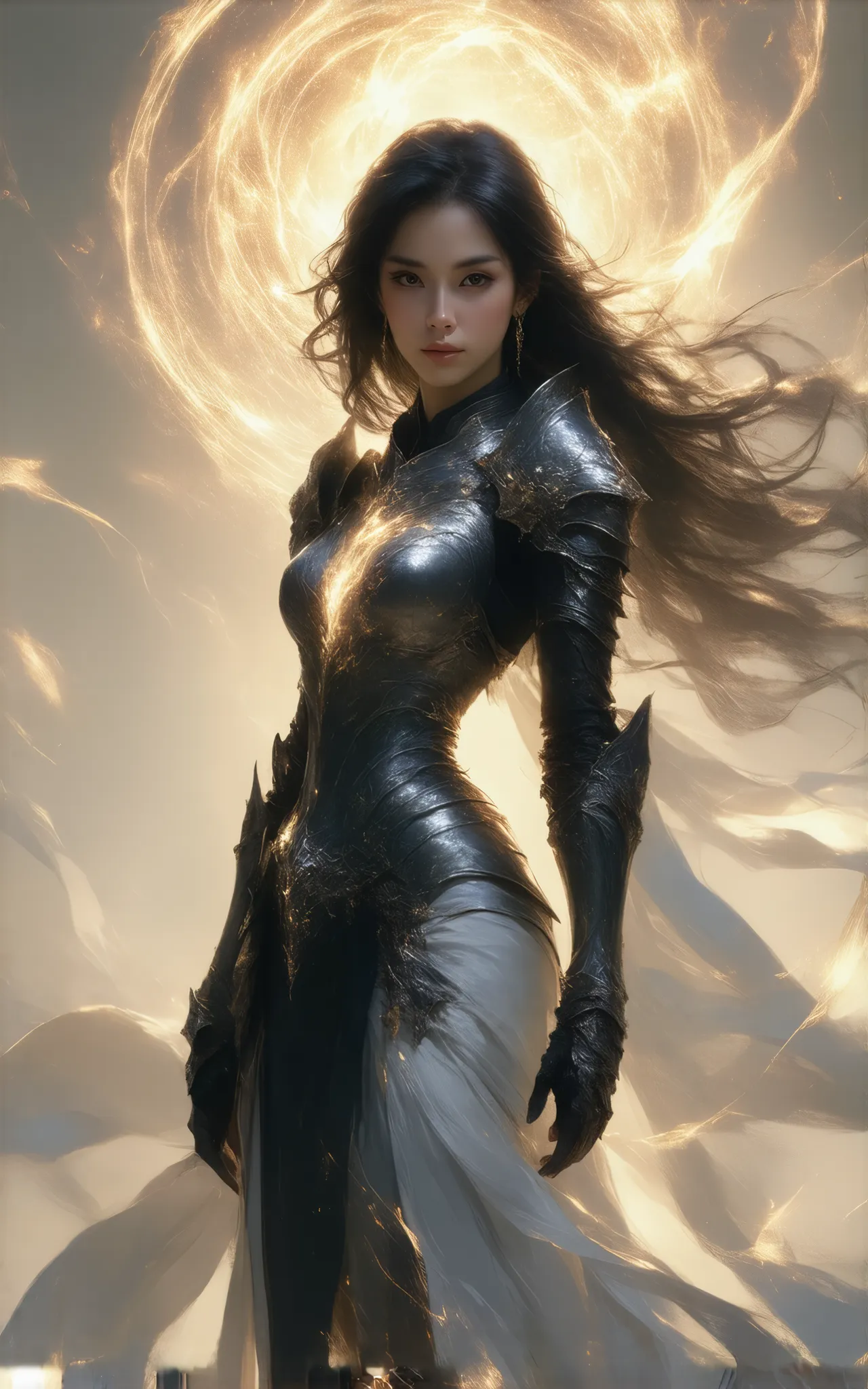 Dungeons and Dragons, female Paladin, beautiful face, very long black hair, fantasy background, sexy, seductive, high detail, masterpiece.