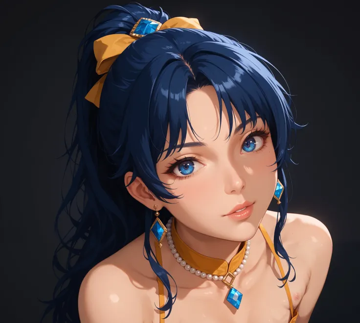 solo focus, 1girl, (masterpiece, high quality:1),золотое платье, girl with small breasts, dark blue hair , hairstyle " ponytail ", girl with small breasts , The main character , long hair, solo focus, 1girl, (masterpiece, high quality:1), a Japanese girl, ...