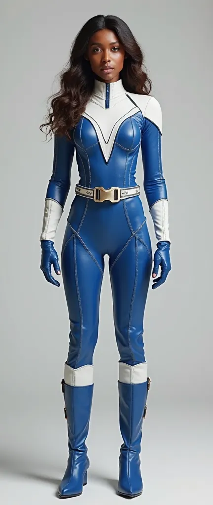 Create a realistic beautiful and gorgeous African American slender brown hair hero wearing blue and white XS inspired textured fabric costume , with gloves and belt and knee high boots,, front view,  create full body image with light gray background  
