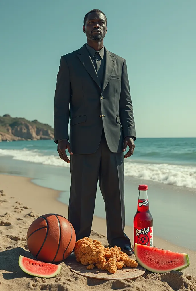 Dark man near a beach with a Basketball watermelon slices Kentucky Fried Chicken and cool aid grape in bottle but it must be real looking