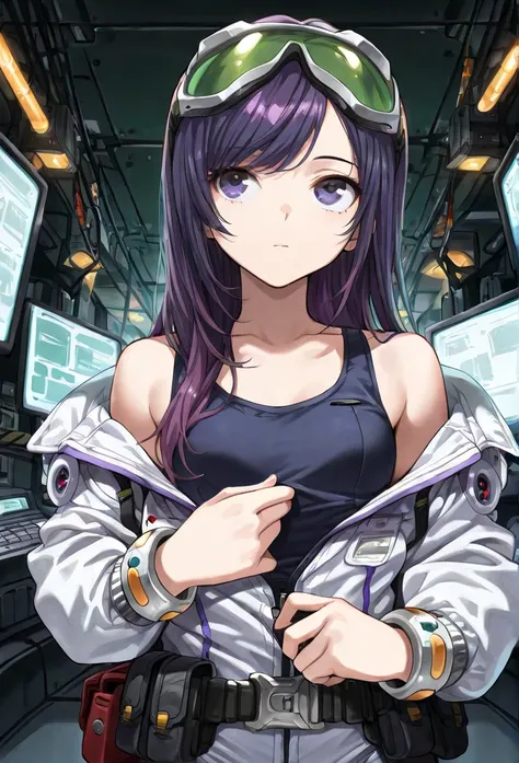 
(Masterpiece, best quality), intricate details, JK, girl, upper body.highly detailed, intricate details, expressionless girl, ((purple hair, long hair, purple eyes, green goggles on head, long swept bangs)), small breasts, thin, ((unzipping white fullbody...