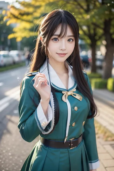  Realistic Photo Quality 、A Japanese model in uniform is posing for a photo, anime  cosplay, 初音ミク  cosplay,  cosplay photo,  cosplay, professional  cosplay, looking at camera、Detailed and beautiful eyes、 cute smiles 、 soft and gentle expression 、 has a smi...