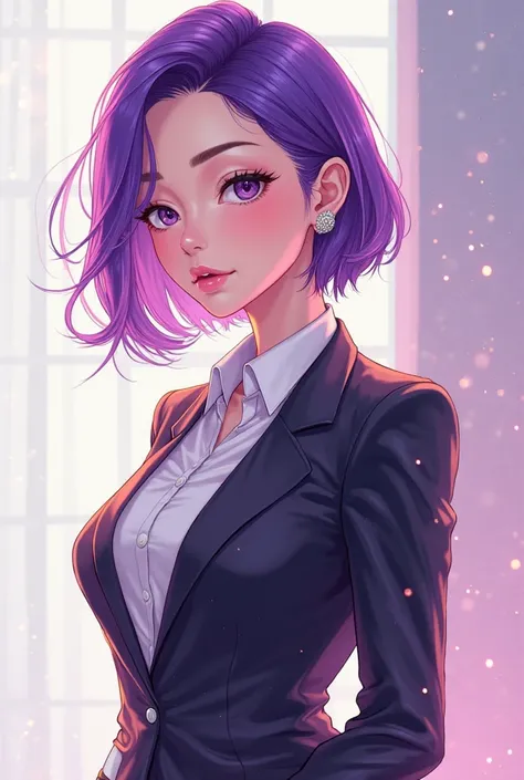 Make for me the image of a 27-year-old woman with a youthful appearance, she wears an executive outfit with brown skin and purple hair, In the anime theme