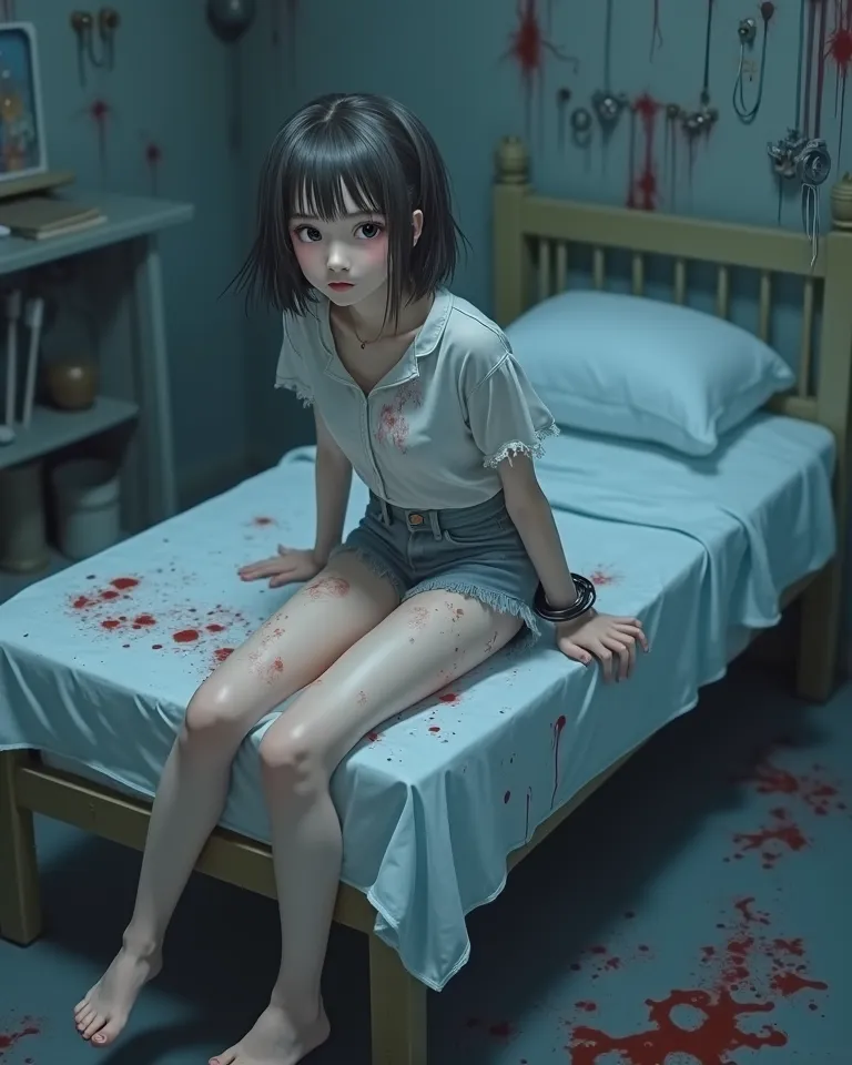 A torture room decorated with torture instruments、 beautiful Japanese girl、(Humiliating my daughter)、scream、(frightened girl)、hello、(Dim lighting)、MERCILESS、Disorder、unusual composition、(Grab a girl and strip her naked)、 masterpiece best quality、baby face、...