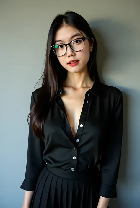 The Asian girl positioned slightly off-center to the left of the image. She wore a slim black blouse, low-cut buttons, revealing her cleavage. She wore a black pleated skirt and black framed glasses, her dark long hair was straight, her face was neutral an...