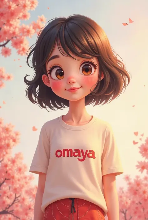 A cute girl that has logo on her shirt"Omaya"