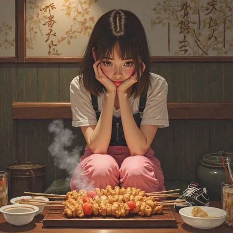 Japanese woman with brown bob hair。I'm wearing black trainers and pink fluffy pants。I'm eating a large amount of yakitori。I don't feel comfortable eating too much。