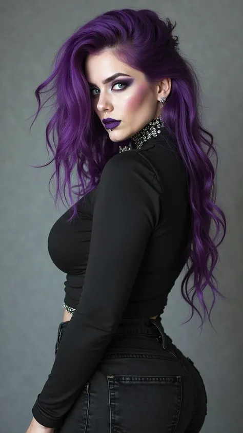 A 22 years old white woman at nearly 8 feet  tall. (Full body view of her)

Appearance: She is a vision in contrast. Her skin is strikingly pale, almost porcelain, which makes the vibrant shock of her dyed purple hair even more arresting.  This dramatic ha...