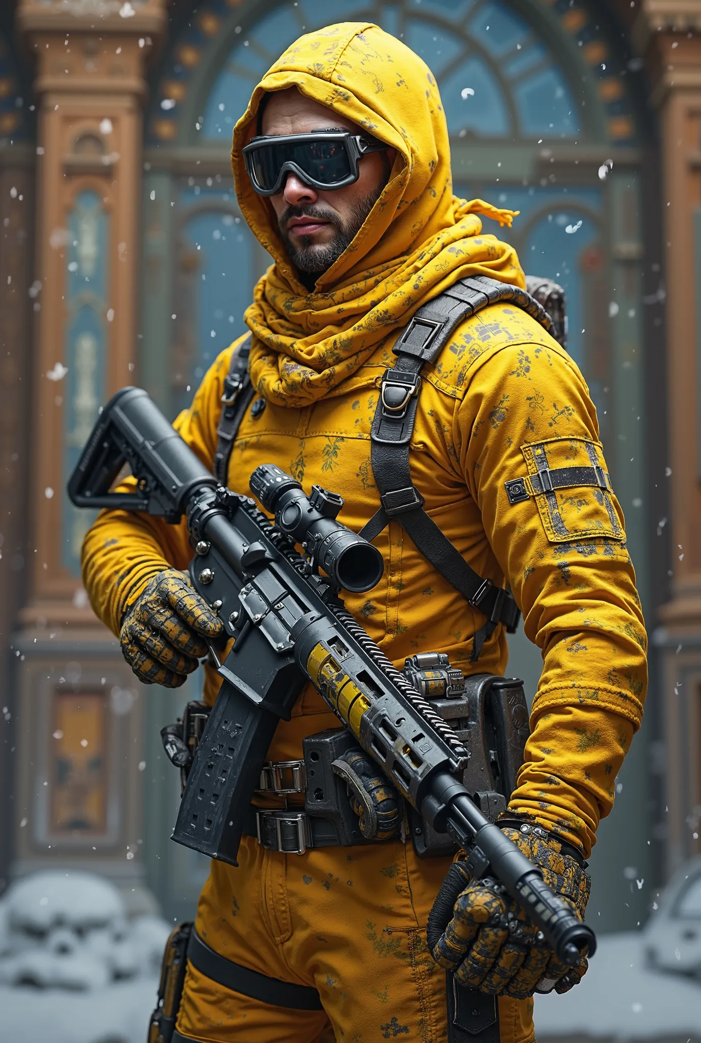 Create a picture of a PUBG player carrying a Max upgraded M4 snow weapon and his helmet wearing the Level 3 yellow mummy with an exclusive and elegant background and write under Hamad |   store