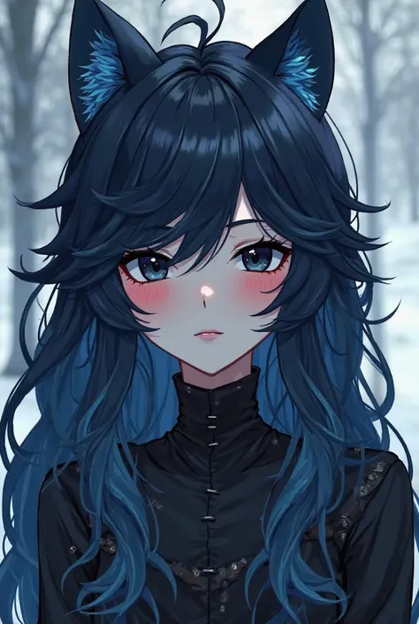 She will be a mix of human and wolf, she will have long wavy hair, her hair color will be blue, her hair roots will be dark blue, only light blue, her cheeks will be red, her eye color will be black, she will have a gothic style, she will look like an anim...