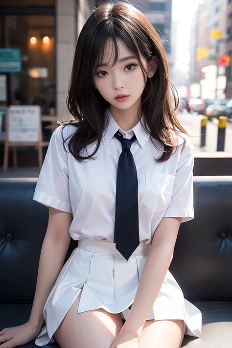 ( masterpiece, TOP QUALITY:1.2), 16k, s, 85mm, OFFICIAL ART, RAW photo, Confused,  white dress shirt,  cute face , close,  upper body, Viola Lace,  Gardenia ,  beautiful girl,  school uniform, ( navy pleated skirt:1.1),  Tighten Your Waist ,  thighs, Short...