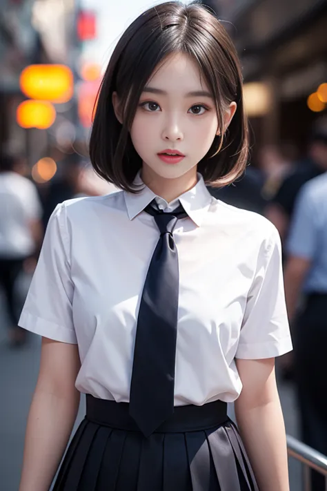 ( masterpiece, TOP QUALITY:1.2), 16k, s, 85mm, OFFICIAL ART, RAW photo, Confused,  white dress shirt,  cute face , close,  upper body, Viola Lace,  Gardenia ,  beautiful girl,  school uniform, ( navy pleated skirt:1.1),  Tighten Your Waist ,  thighs, Short...