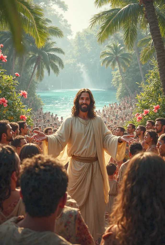 Generate an image of Jesus in a paradise with a lot of people