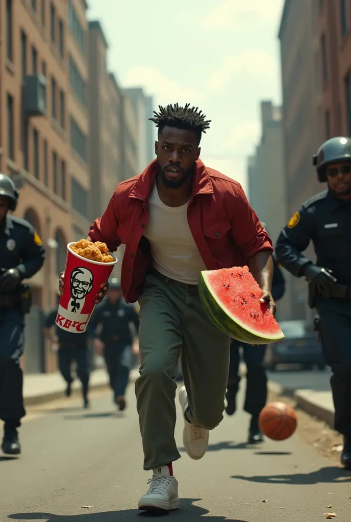 Dark man near a wise house with a Basketball watermelon slices Kentucky Fried Chicken and cool aid grape in bottle but it must be real looking