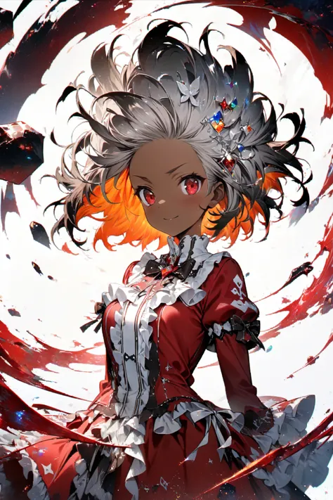 (One girl, Anime Characters),(white ruffle decoration on red gothic lolita clothes:1.5),(ruffled ribbon:1.2),(short hair:1.5,Orange inner color for gray hair,stupid hair,),( brown skin),Sparkling Red Eyes , proud expression,(Jewels and Locks Decorations),
...