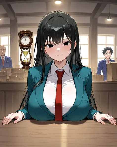 A fair-skinned woman with long black hair, black eyes, a heart-shaped face, a beautiful appearance, an hourglass doll, large breasts, large breasts, giant milksThe highlight of the image is wearing a blue suit, a red tie, a white shirt with a concave spot,...