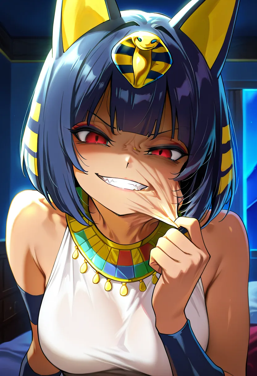 1girl, solo, 
Ankha, looking at viewer, grin, evil smile,
skinsuit, girl costume, deflated, wrinkled, pulling face,
BREAK
indoors, bedroom, night,
masterpiece, best quality, year 2024, newest, absurdres, highres, intricate detailed, sensitive, anime screen...