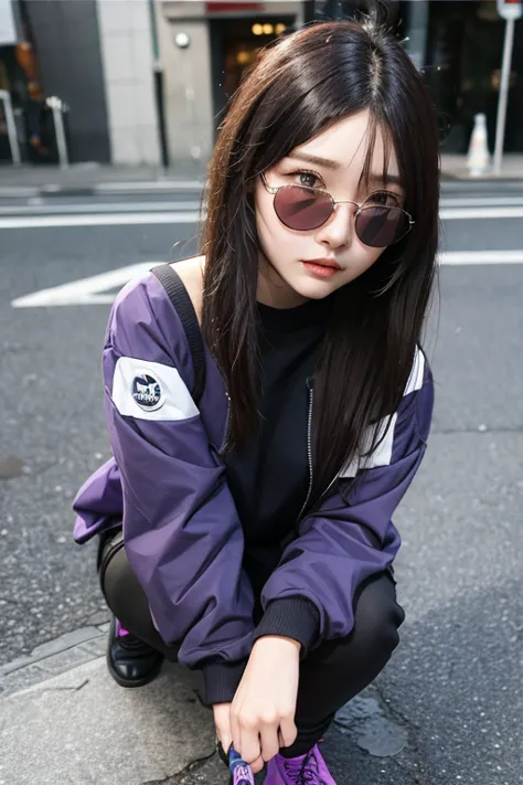 beauty woman、colored sunglasses with purple lenses、street wear、TECHwear、Colorfu