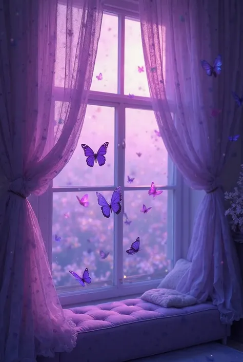 It depicts the interior of a room bathed in soft purple light.。Curtains fluttering from the window、There are many butterflies fluttering there。Half pastel purple、Half Violet。
More Butterflies々Increase。
The background is blurred。Fantasy、Sparkling。but color ...