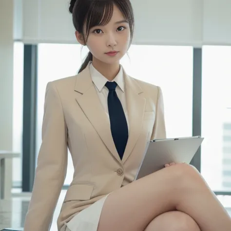 female government official, cream-colored suit, skirt, bun hairstyle, holding documents, knee-level shot, serious, ((masterpiece)), ((best quality)), (ultra-detailed), ((beautiful eyes)), Japanese female, (slender:1.3), ((30 years old)), beautiful,