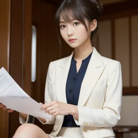 female government official, cream-colored suit, skirt, bun hairstyle, holding documents, knee-level shot, serious, ((masterpiece)), ((best quality)), (ultra-detailed), ((beautiful eyes)), Japanese female, (slender:1.3), ((30 years old)), beautiful,