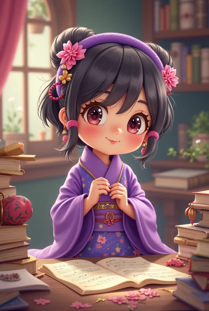 A chibi woman dressed in purple clothes teaching language 