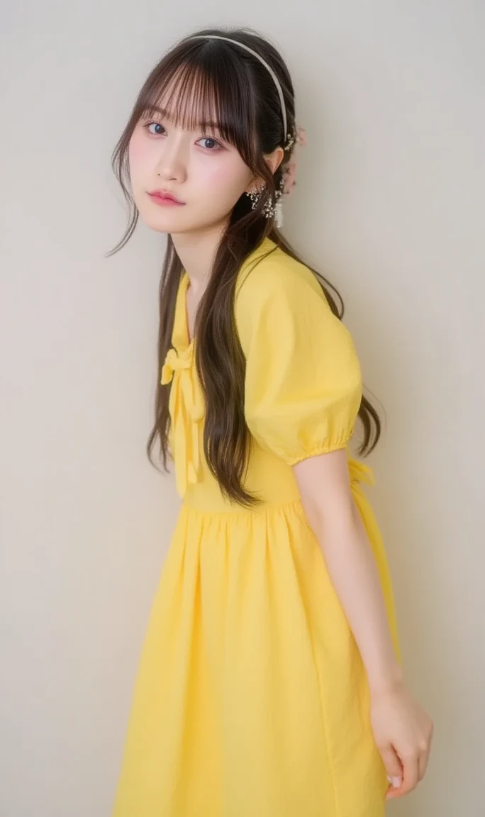 photo realistic, photo realistic,
a portrait with sharp focus and crisp quality, highlights the subject's facial features, masterpiece, best quality, yellow dress, small breasts, flat breasts,
yellow one piece dress, yellow flared skirt, black long hair, w...