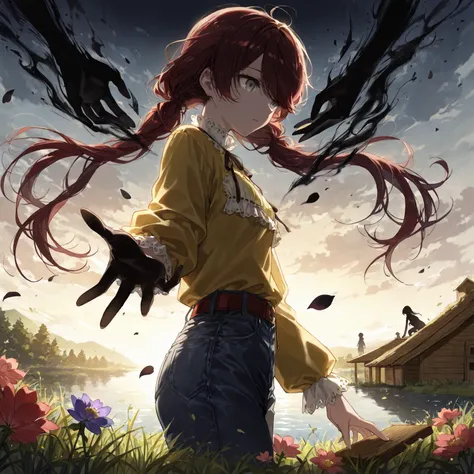  (Masterpiece, best quality), intricate details, JK, (((offering hand, silhouette, shadows over eyes))), from side, young woman , close up, stepping back, dark red hair, small breasts, thin, slightly toned arms, low twin tails, gray eyes, yellow shirt with...