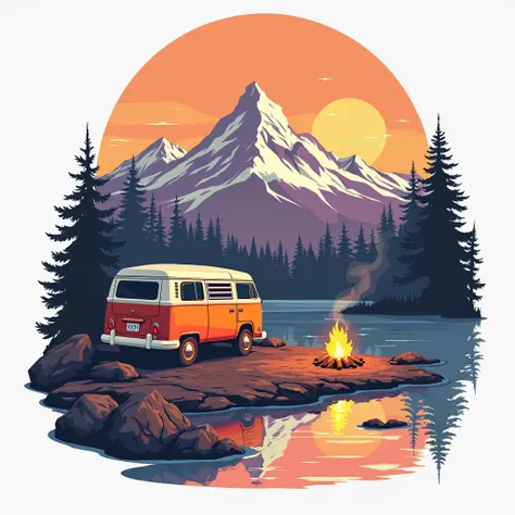 A retro illustration of a camper van parked on a rocky terrain near a serene lake surrounded by mountains. The sky is painted with a vibrant orange and purple sunset. There's a campfire near the van. The design is placed on a white background.