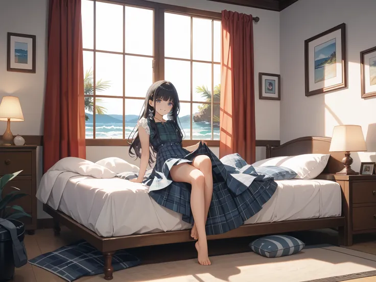 long hair,full body,wave long black hair,master piece,best quality,ultra detailed, highres,full body,Japanese woman with long black hair , normal sized boobs,in bed room,Western-style room, in ren's underwear, plaid dress、masterpiece、TOP QUALITY、 uncensore...