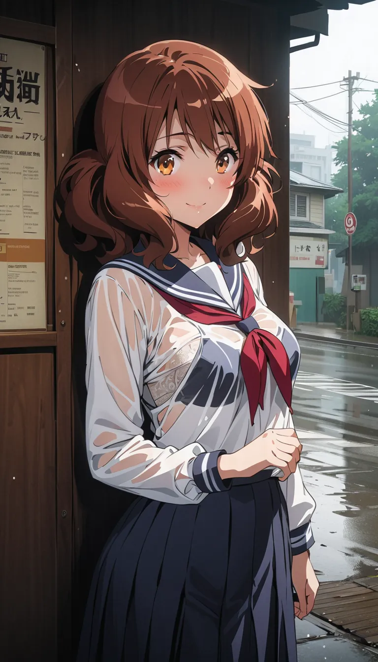 ( beautiful girl : 1.3),1 girl,(Oumae Kumiko),( sailor suit, Long Sleeve, skirt, See-through Lace Bra,underwear, pubic hair),smile, is embarrassing,blush, get wet,Wooden bus stop,waiting room,Sheltering from the Rain,Heavy Rain,masterpiece,TOP QUALITY, sup...