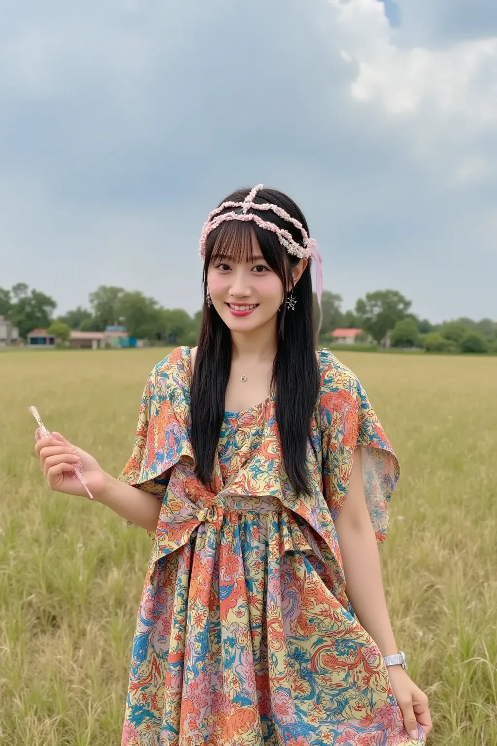 「Japanese woman wearing a headwrap。in a bright African national costume、wear a head wrap、dress with bright colored beads and embroidery {x} Scenery of African grasslands and villages spreads out in the background。」