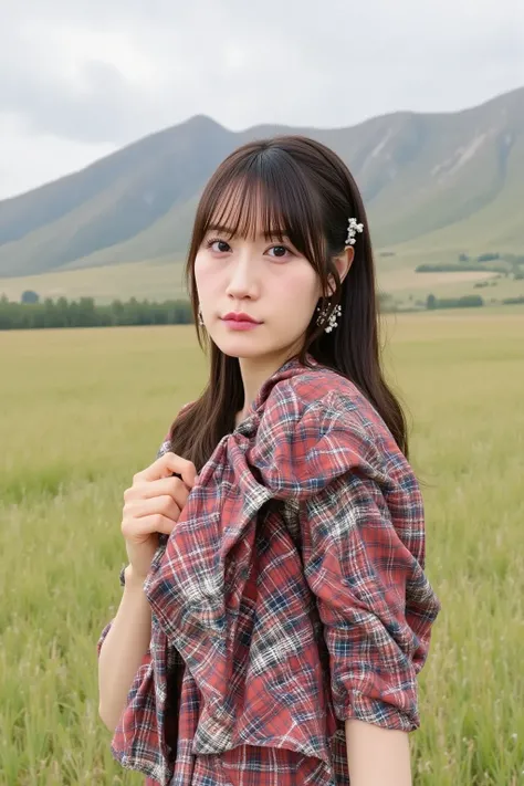 「costume that is in harmony with the Scottish landscape。tartan check quilt and、Prairies and mountains々Against the backdrop of、a Japanese woman wearing a traditional Scottish quilt wearing a。」
