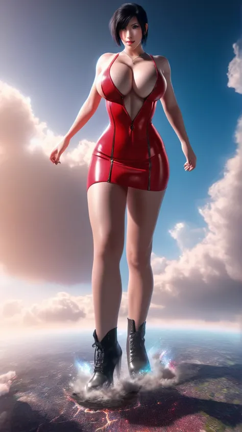 one hundred thousand colossal age female tifa lockhart, skimpy colour transparent provocative micro miniskirt with two cuts,gigantic huge breasts,deep cleavage,gigantic platform massive robot boots,standing forward,front view, standing on continents, immen...