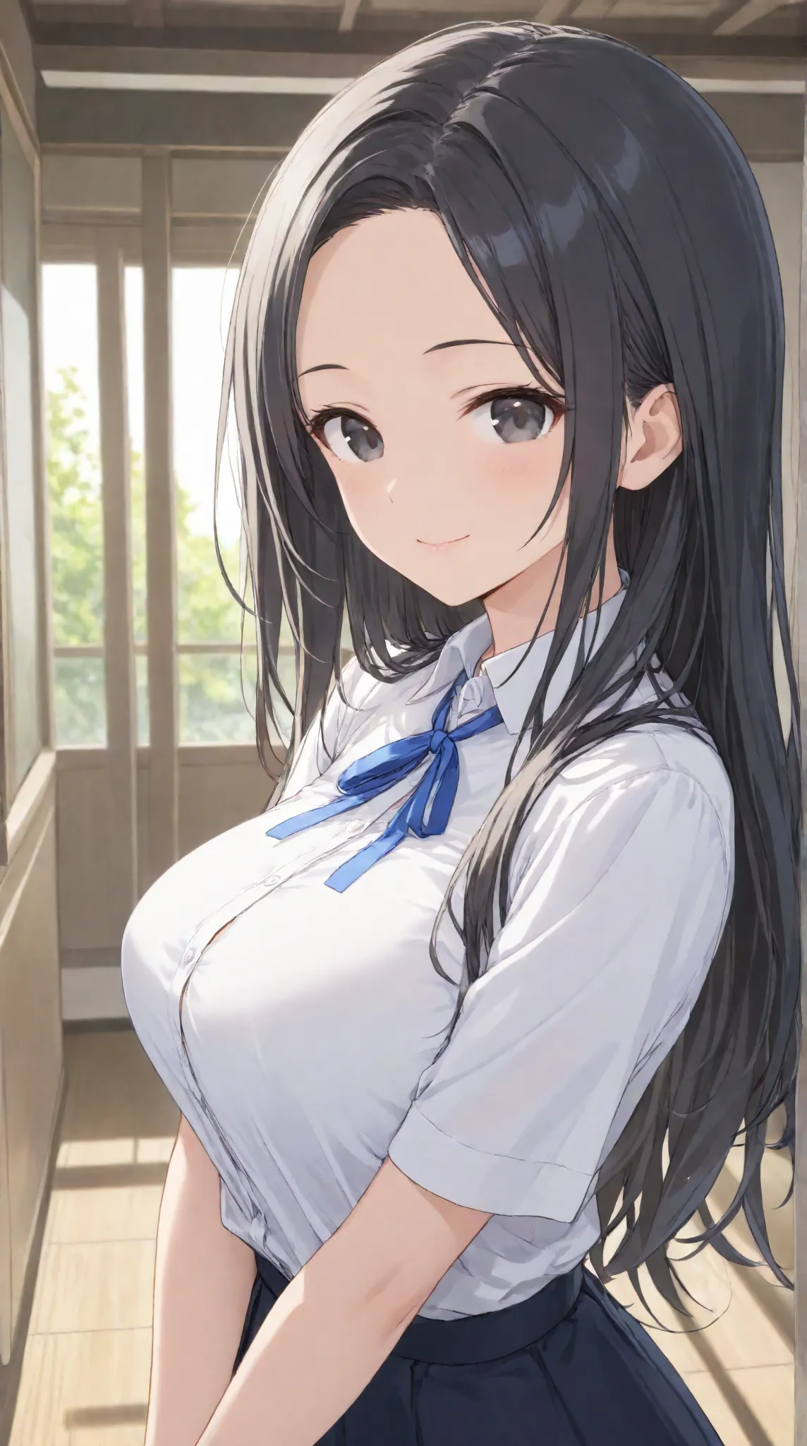 large breasts,   long hair,   (black hair) , bangs, （1girl1.5）, hair blue ribbon、（ 1.5）、dress shirt, Smile 