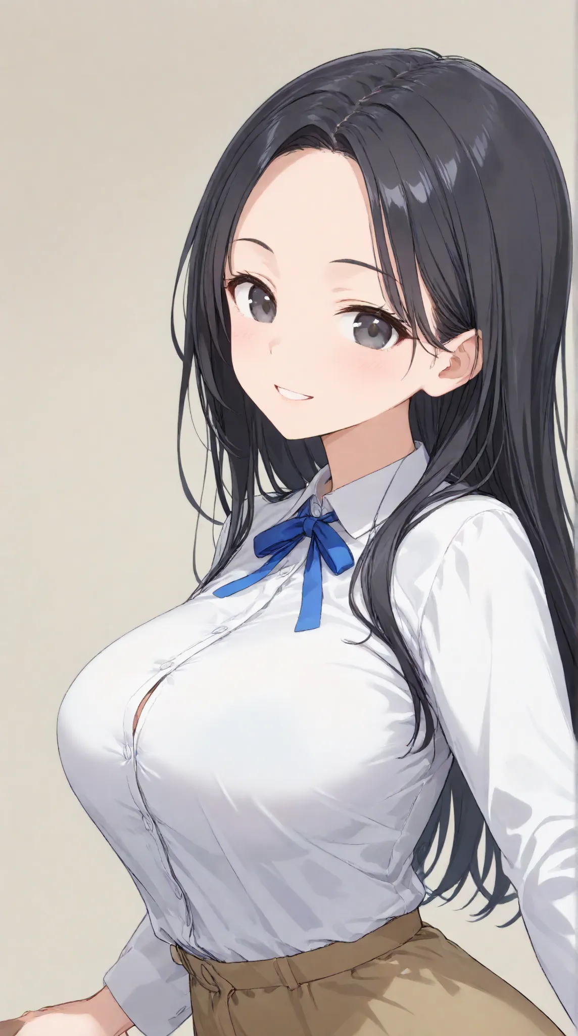 large breasts,   long hair,   (black hair) , bangs, （1girl1.5）, hair blue ribbon、（ 1.5）、dress shirt, Smile 