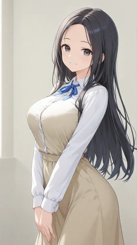 large breasts,   long hair,   (black hair) , bangs, （1girl1.5）, hair blue ribbon、（ 1.5）、dress shirt, Smile 