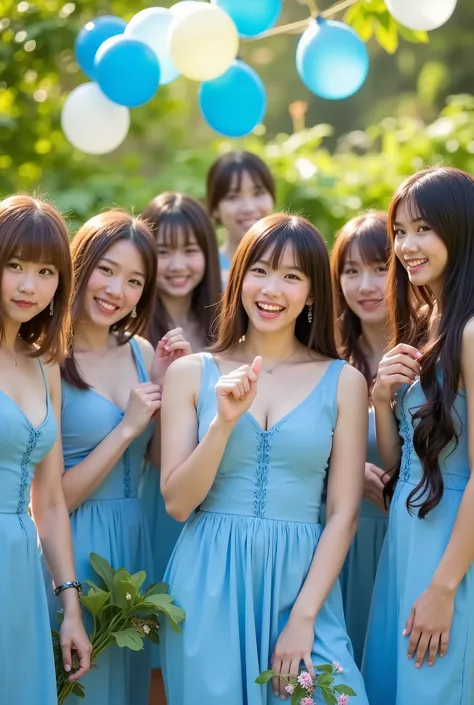 A group of girls in blue dresses taking pictures,   happy birthday